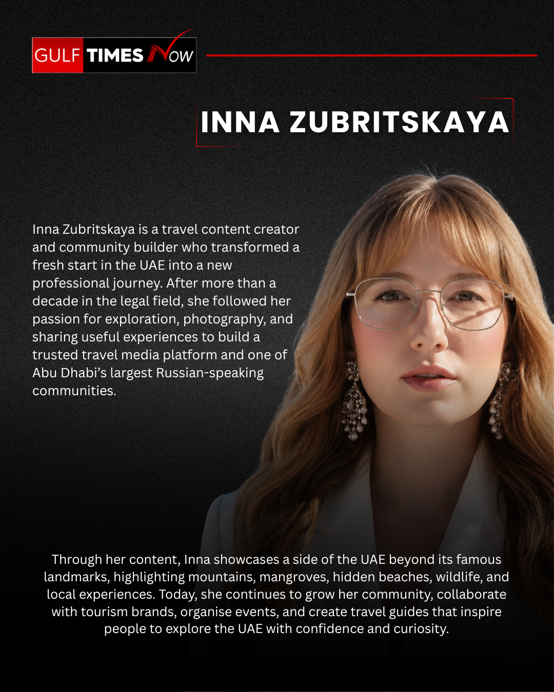 Profile of Inna Zubritskaya, UAE travel content creator and founder of an Abu Dhabi Russian-speaking community