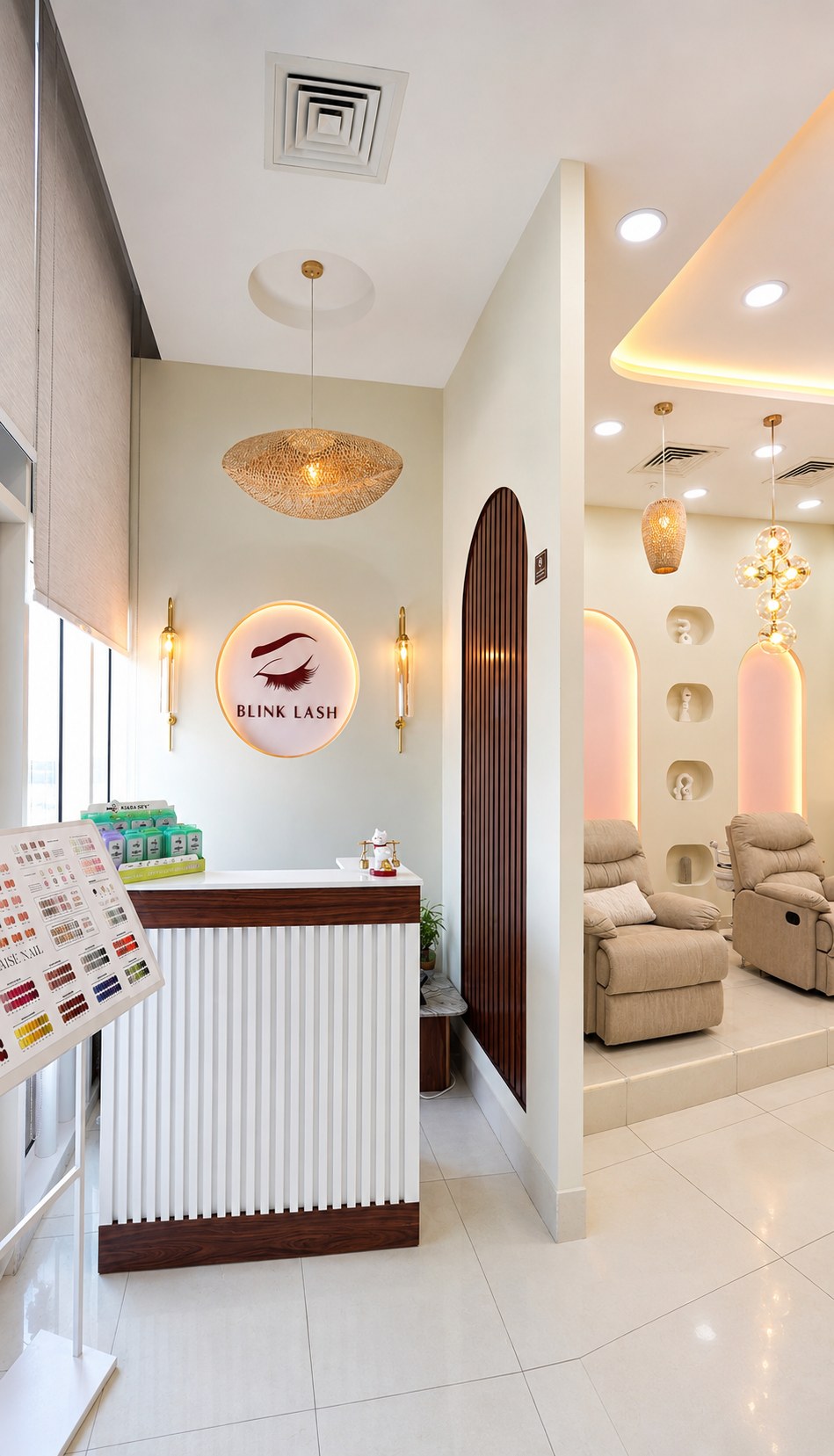 The reception and pedicure area of the Blink Lash studio in Al Rahah, Abu Dhabi